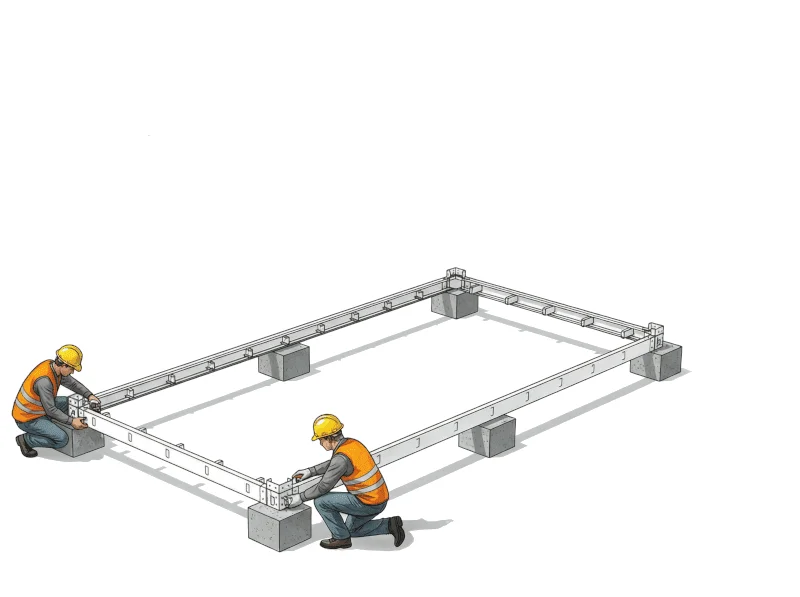 Première étape d'installation de la maison container en kit : mise en place du châssis de base sur les fondations