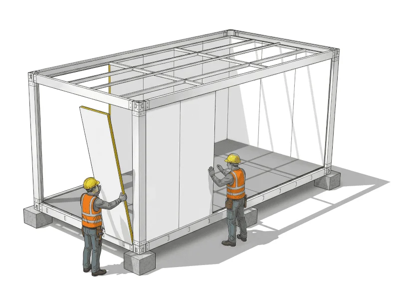 Étape 4 d'installation de la maison container en kit : installation des panneaux muraux