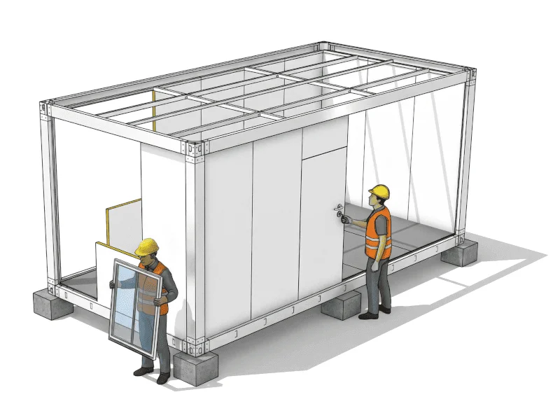 Étape 5 d'installation de la maison container en kit : installation de la porte et des fenêtres