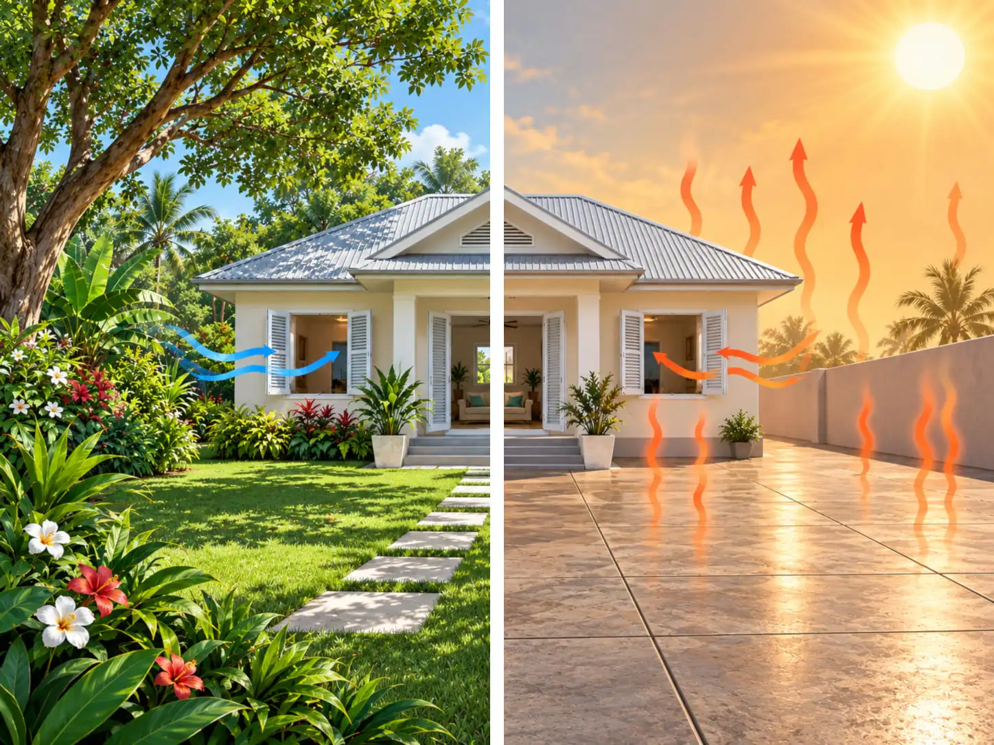 Comparaison d'une maison entourée de pelouse et d'arbres, plus fraîche, et d'une maison entourée de béton qui chauffe