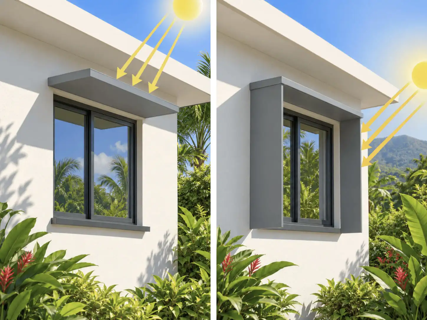 Deux protections solaires de fenêtre : un débord de toit contre le soleil haut, des lames verticales contre le soleil rasant
